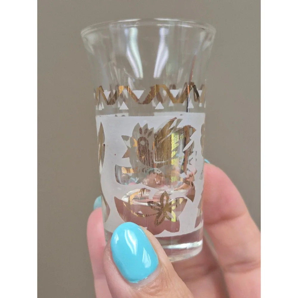 Vintage MCM Frosted Gold Bird Cordial Shot Glass Set of 5 Mid Century Barware